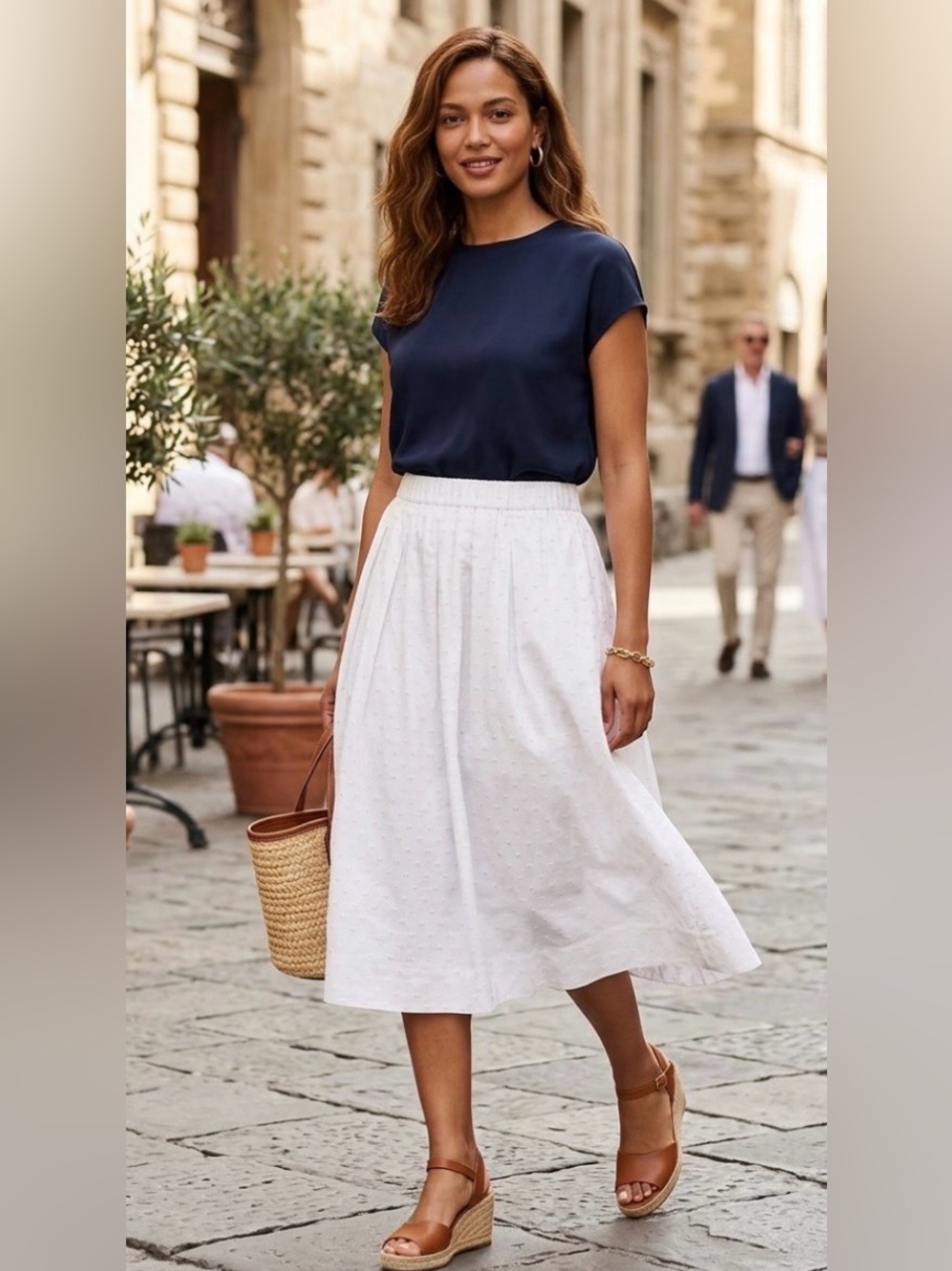 J. Crew Classic Vintage Clip Dot White Midi Skirt - Effortless Everyday Style